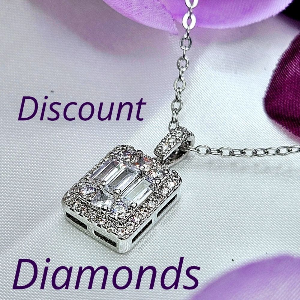 Clear White Halo Diamond & Baguette Diamond Pendant Necklace on 925 Silver